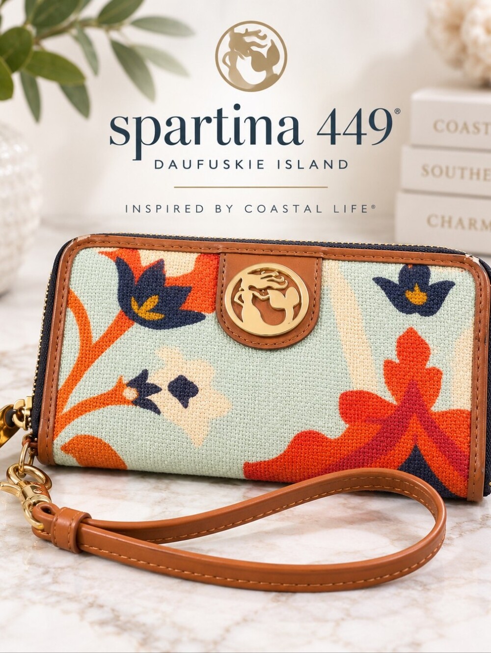 Spartina 449 Floral Linen Leather Zip Around Wristlet Wallet